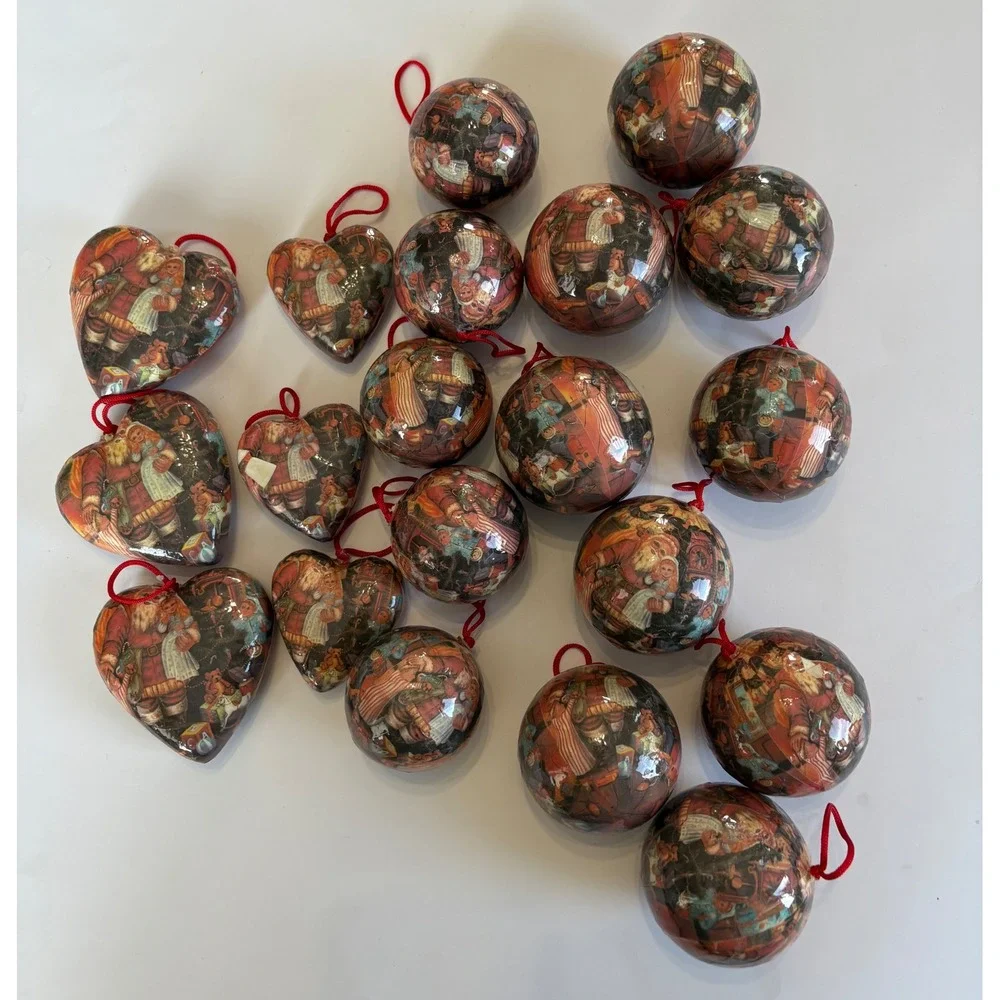 Vintage Decoupage Santa Toy Christmas Ornaments 20 ct Various Sizes Heart & Ball